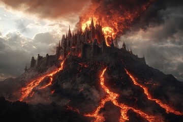 Fiery Lava Erupts from Volcanic Mountain with Dark Skies and Gothic Castle Structures