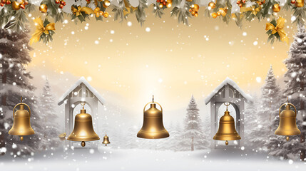 Fototapeta premium Elegant Round Ball Christmas Decorations with Golden Bells and Greenery 