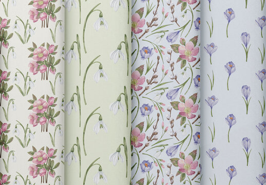 Watercolor Seamless Patterns Set With Floral Elements.