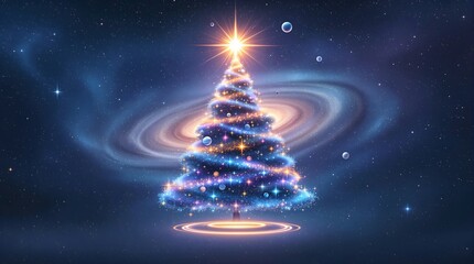 Cosmic Christmas Tree: Glowing Christmas tree in space with swirling galaxy.