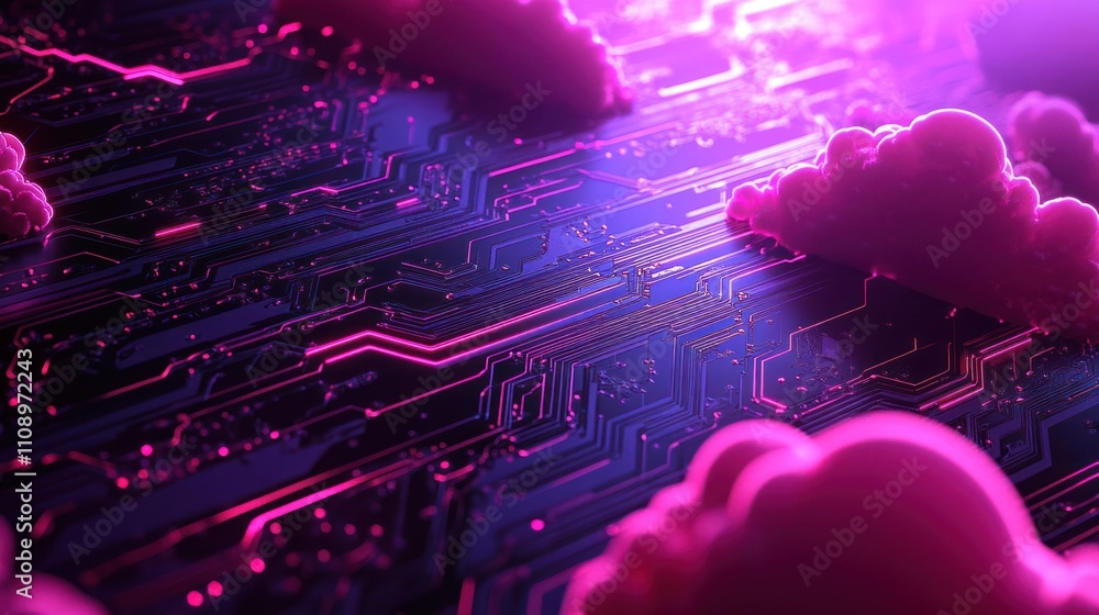 Poster Abstract circuit design with clouds and neon lighting
