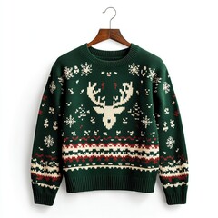 Green Christmas sweater with reindeer and festive pattern.