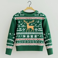 Green Christmas sweater with reindeer and festive pattern.