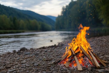 Campfire by the River at Dusk Surrounded by Nature and Peaceful Scenery