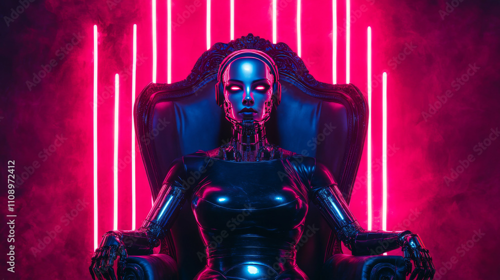 Poster ai or artificial intelligence in image female cyborg queen. robot woman majestic sitting on throne i