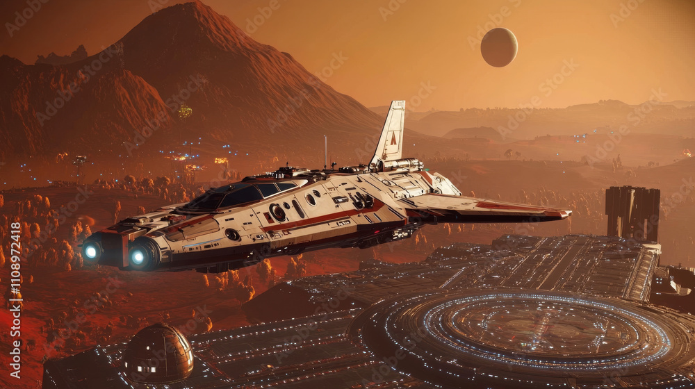 Poster spaceship lands on space base in outer space. an illustration of science fiction spaceship hovering 