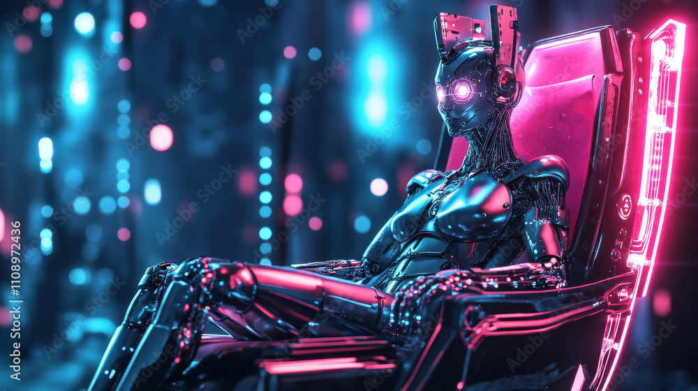 Poster ai or artificial intelligence in image female cyborg queen. robot woman majestic sitting on throne i