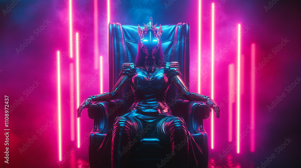 Poster ai or artificial intelligence in image female cyborg queen. robot woman majestic sitting on throne i