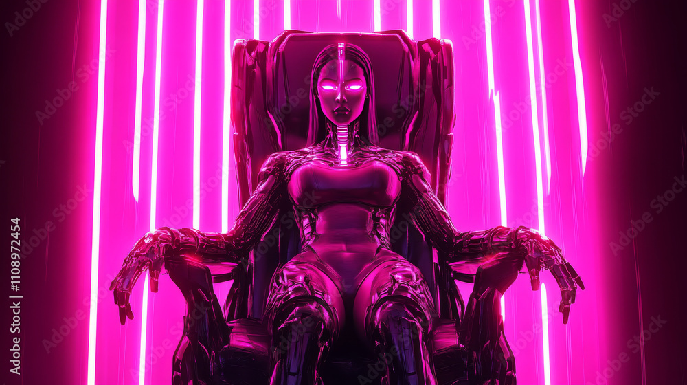 Poster ai or artificial intelligence in image female cyborg queen. robot woman majestic sitting on throne i