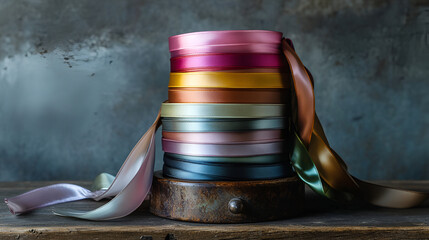 Colorful sewing ribbons on a shelf in a tailor shop , Colorful ribbons on wooden table, closeup , Celebration concept , Close up of colorful ribbon

