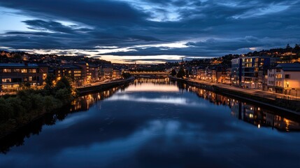 Obraz premium Serene Nightfall Over City River with Reflections and Soft Lights