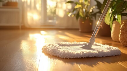  Microfiber mop cleans a heated wooden laminate floor in a serene, sunlit home, blending moisture and wood tones for a harmonious and clean atmosphere.