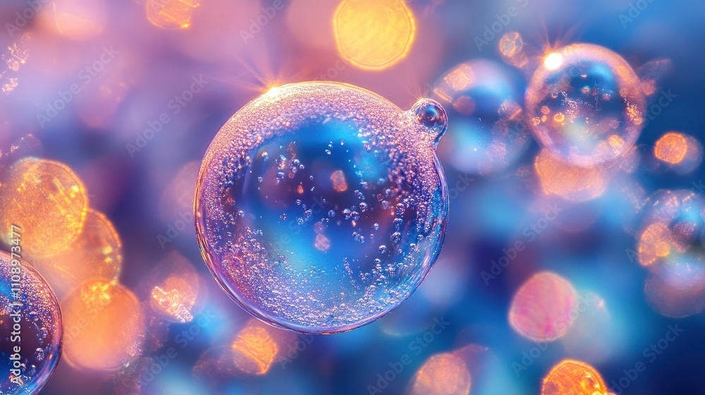 Poster stunning macro view of soap bubbles reflecting colorful bokeh lights in vivid hues, capturing the be