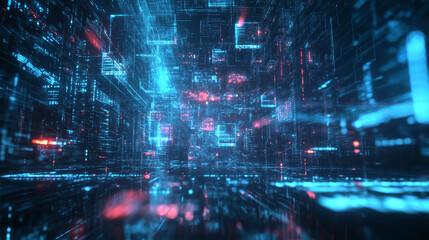 Obraz premium Blockchain technology conceptual banner. Mining, exchange, p2p arbitration of cryptocurrency. Digital Block or cube consisting at digital financial data. Fintech abstract background. Block chain tech.