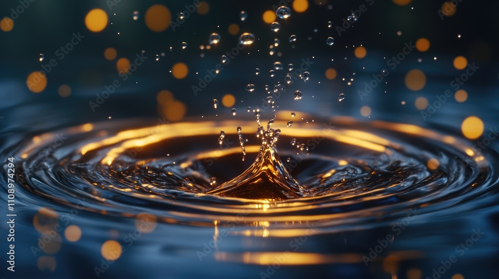 Poster close-up of water droplet splashing with glimmering bokeh effects