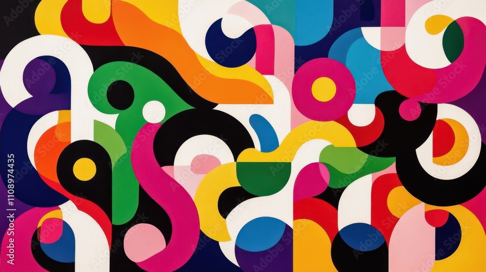 Poster an abstract, colorful composition of geometric shapes and lines, creating a dynamic and playful visu