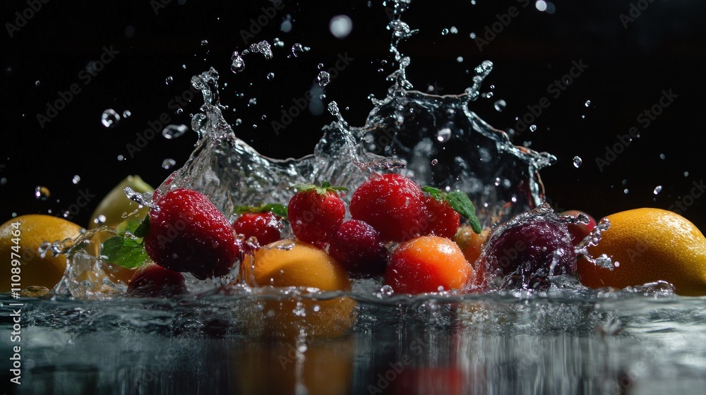 Aufkleber fresh fruits splashing in water creating a dynamic scene
