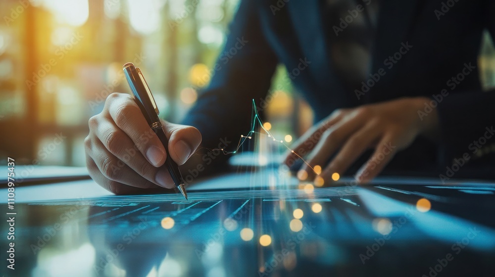 Poster person analyzing data with a pen and digital graphics