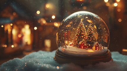 Beautiful snow globe, Merry Christmas background on wooden table, Christmas snow globe