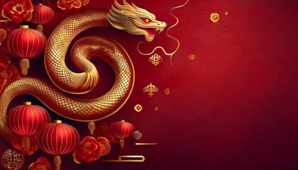 Fototapeta premium Celebrate Chinese New Year with a minimalistic design featuring a sleek red snake winding through lanterns. Generative AI