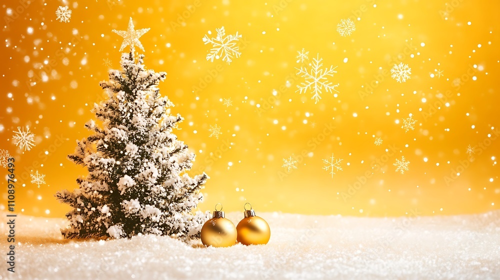 Aufkleber yellow color background with christmas elements like ornaments, snowflakes, and a tree, featuring em
