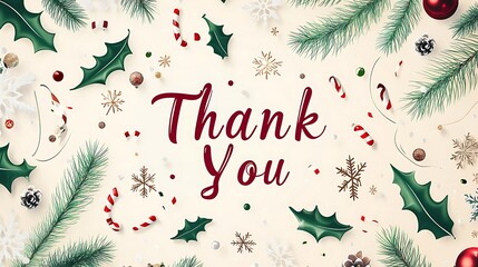"Thank You" text surrounded by swirling lines and festive Christmas decorations, including red and green confetti, holly leaves, and snowflakes, on a light background