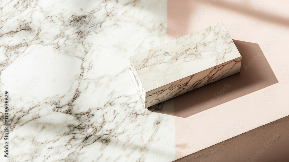 Poster marble block rests on marble and pink surface