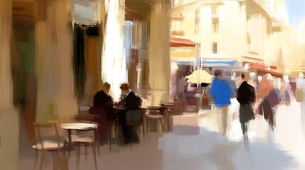 Fototapeta premium Abstract Painting of a Parisian Street Scene with People and Cafe Tables