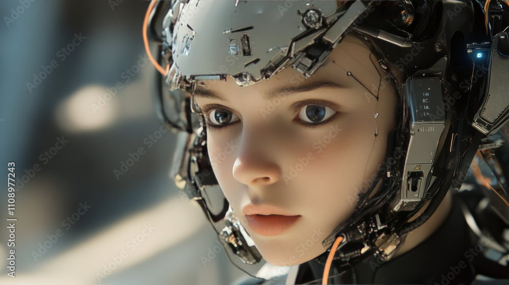 Poster beautiful robot woman with human face in profile, mechanical hands. head of robot and artificial bra