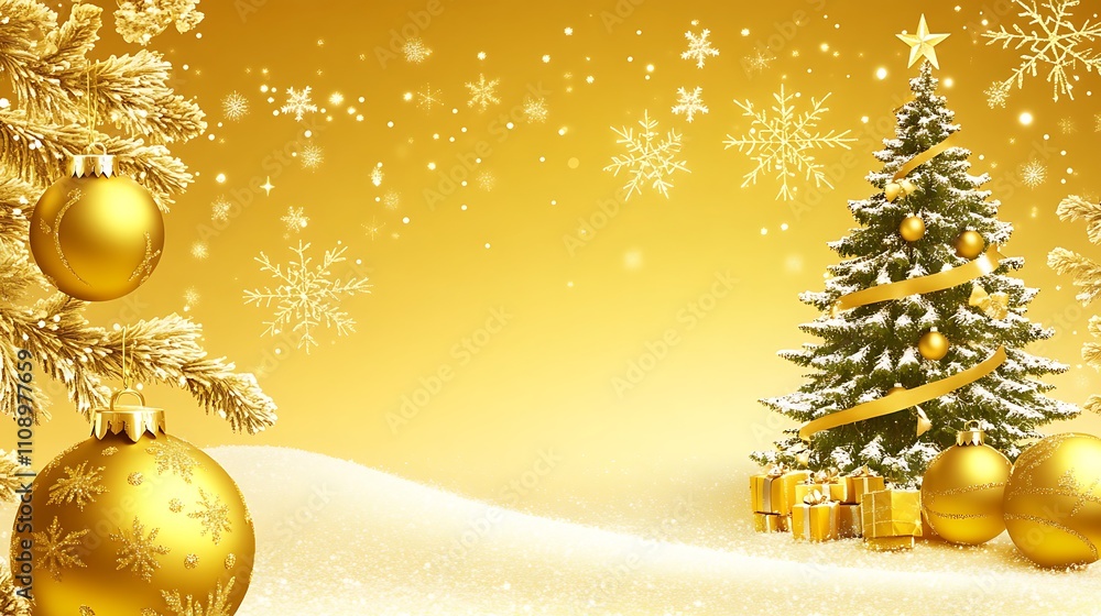 Aufkleber yellow color background with christmas elements like ornaments, snowflakes, and a tree, featuring em