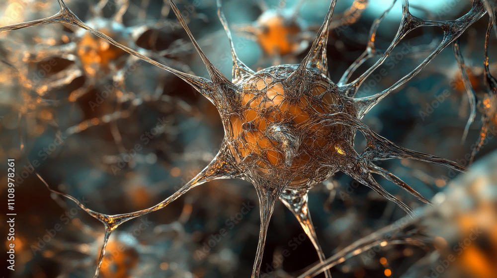 Poster artificial mathematical neural network. macro 3d illustration