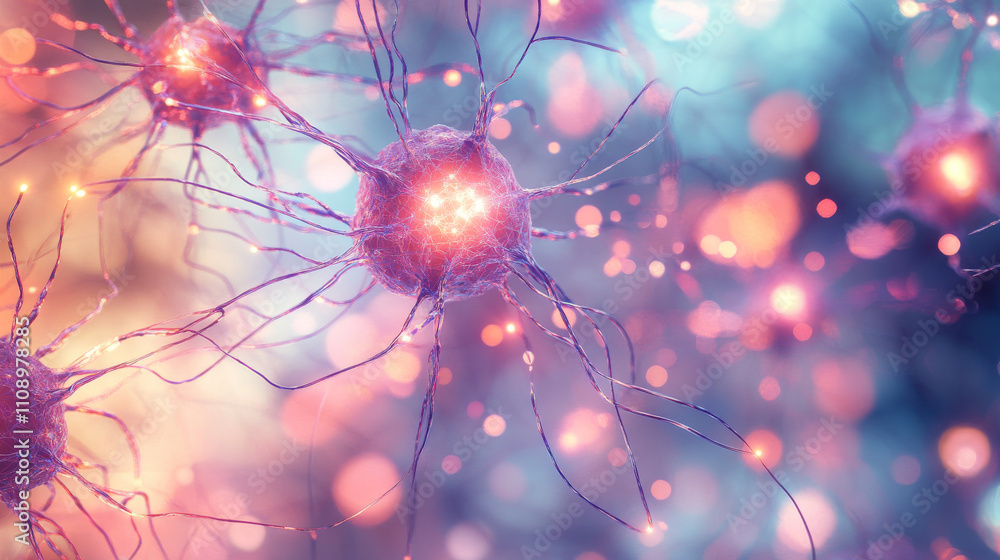Poster artificial mathematical neural network. macro 3d illustration