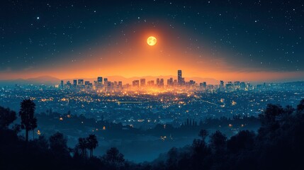 Beautiful Night Skyline of a Vibrant City with a Full Moon Rising Over Buildings and Hills, Illuminating the Urban Landscape in Warm Colors