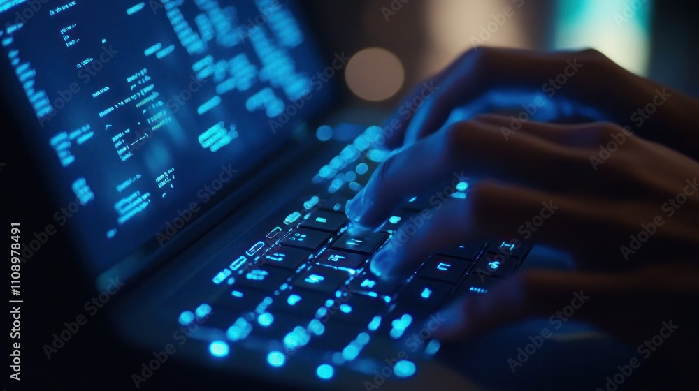 Poster hands typing on a glowing keyboard with code displayed