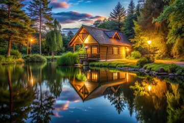 Fototapeta premium Long Exposure Photography: Serene Wooden Cottage by Pond - Night Scene, Rural Landscape, Still Water Reflection