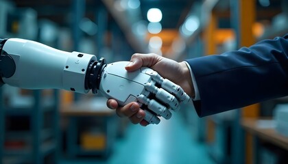 MLB Mechanized industry robot arm and business handshake double exposure. Concept of successful agreement of artificial intelligence for industrial revolution and automation process in future factory.