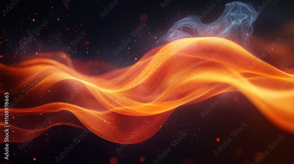 Poster abstract flowing waves of orange and blue smoke with glittering particle effects for use in digital 