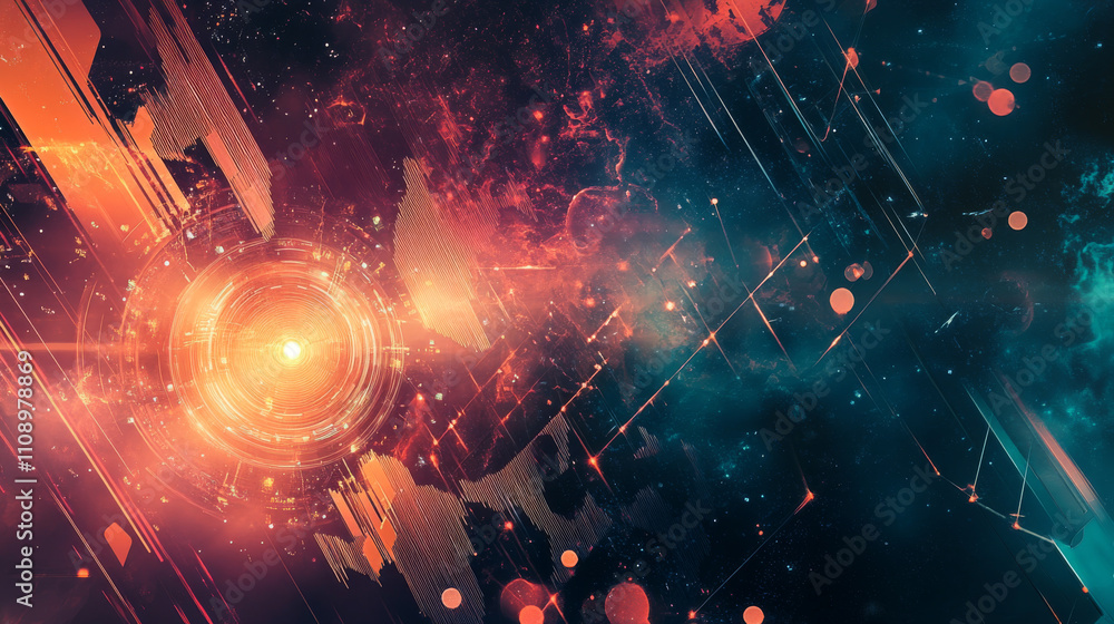 Poster a communication satellite in space transmits a signal. abstract technological geometric background.