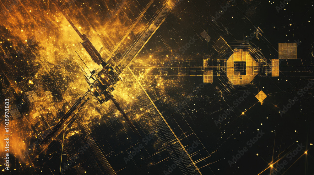 Poster a communication satellite in space transmits a signal. abstract technological geometric background.