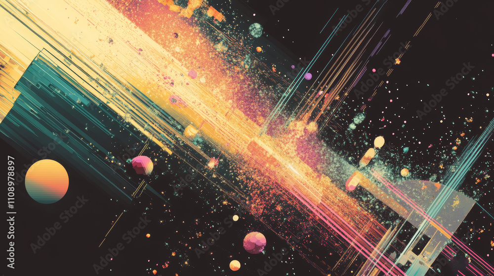 Poster a communication satellite in space transmits a signal. abstract technological geometric background.