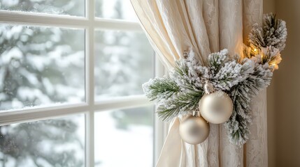  Snow-dusted pine sprigs and ornaments elegantly tied to cream curtains, creating a sophisticated and festive winter window display.