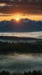 Sunrise over mountain peaks.