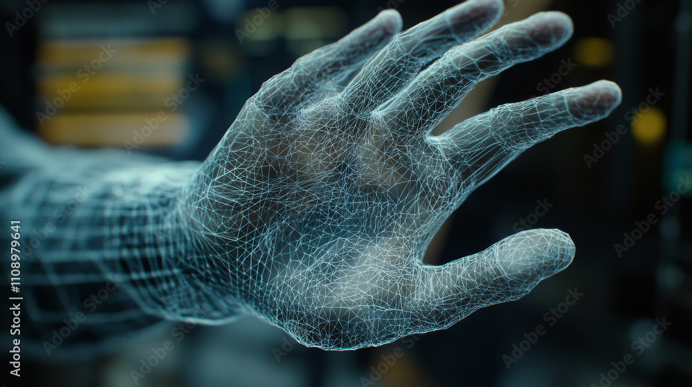 Poster 3d scan of hand man. future technology concept. vector wire frame hand of man. 3d scanning.