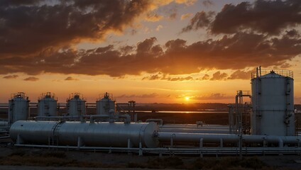 Obraz premium Sunrise over oil storage tanks with a pipeline leading to the horizon.