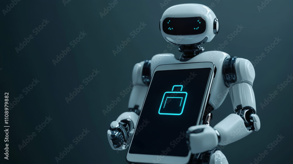 Poster the robot advertise smart phone. robot hands holding a smart phone and displays on its screen an ico