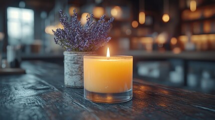 A candle sitting on top of a wooden table next to a vase of flowers