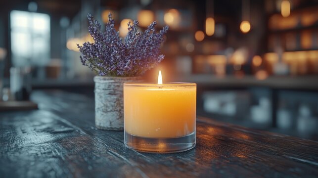 A candle sitting on top of a wooden table next to a vase of flowers