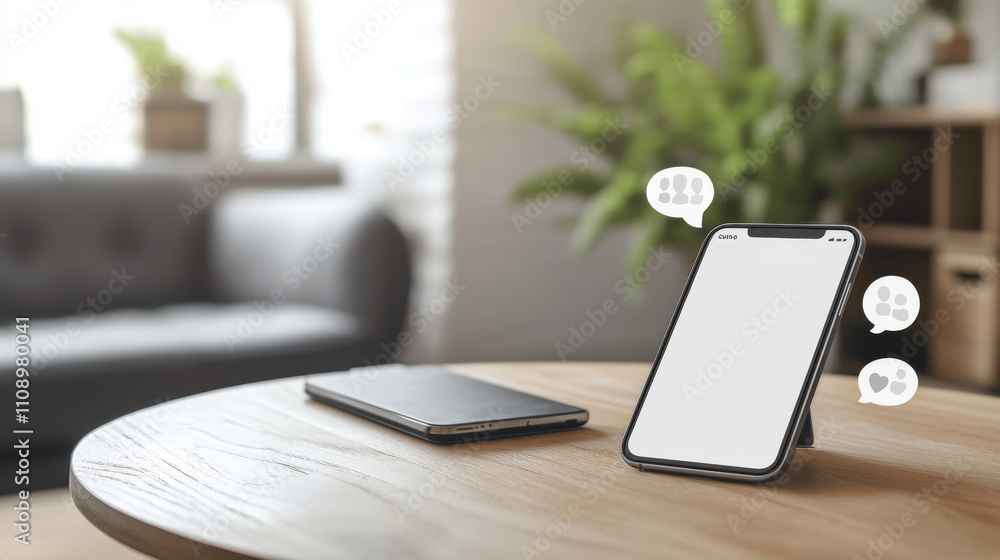 Poster isometric mockup mobile phone on white table with blank or empty interface chat or messenger. templa