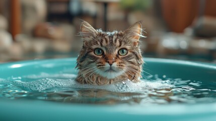 A cat is sitting in a pool of water