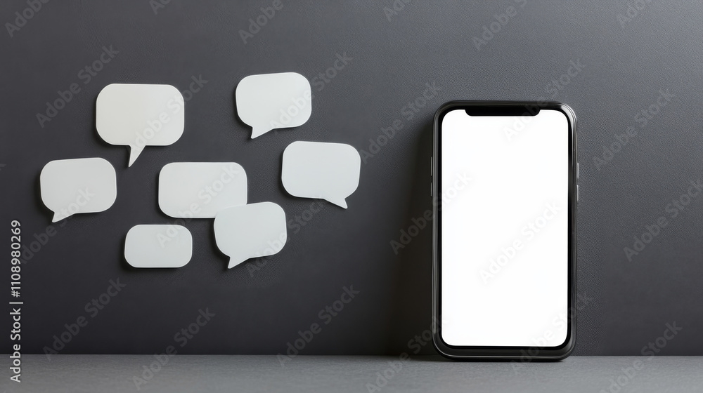 Poster isometric mockup mobile phone on white table with blank or empty interface chat or messenger. templa